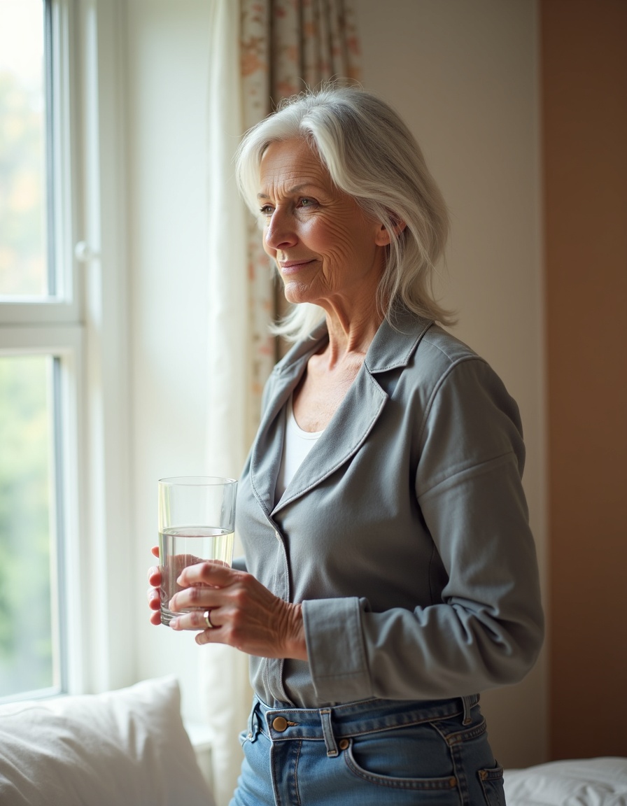 A healthy, confident woman in her fifties standing near a bright window at home, holding a glass of water.