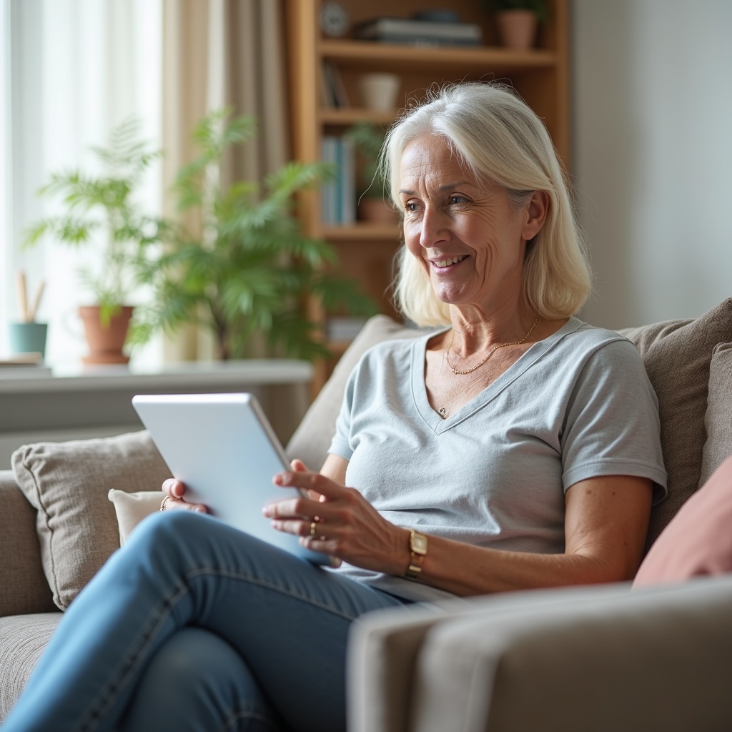 A woman in her early fifties on a relaxed one-on-one video consultation from her sofa at home.