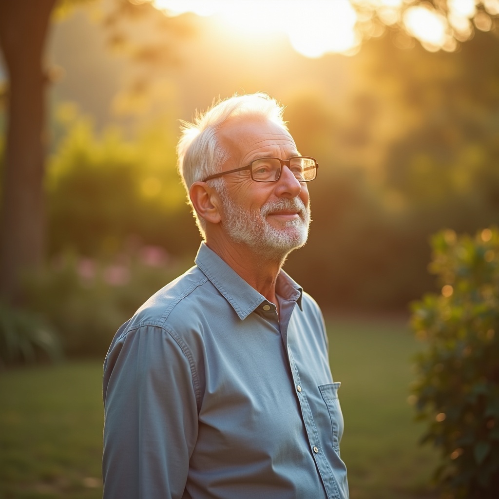 A refreshed, clear-eyed man in his fifties standing in a garden in soft golden morning light.