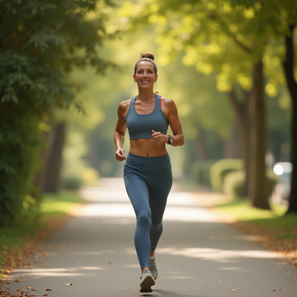 An active woman in her early fifties walking briskly on a tree-lined path in the morning light.